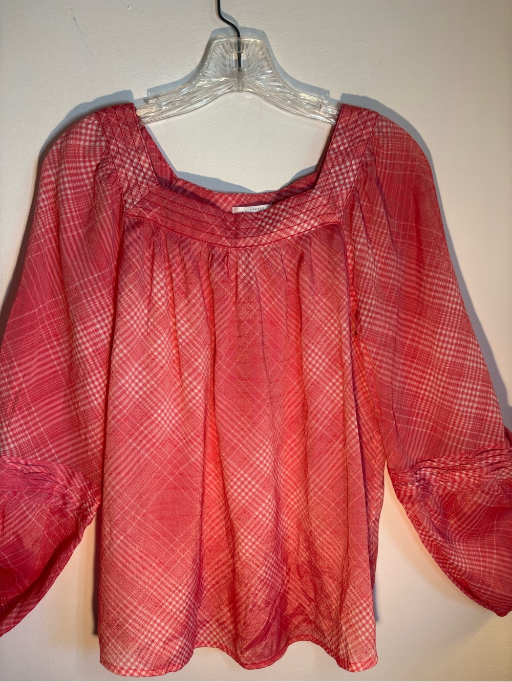 LC Lauren Conrad Coral Pink Plaid Peasant Blouse Women’s Medium
